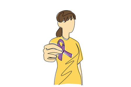 Continuous one line drawing woman holds ribbon with one hand. Symbol of high concern for health. Prevent dangerous diseases. Awareness. World Lupus Day. Single line draw design vector illustrationのイラスト素材