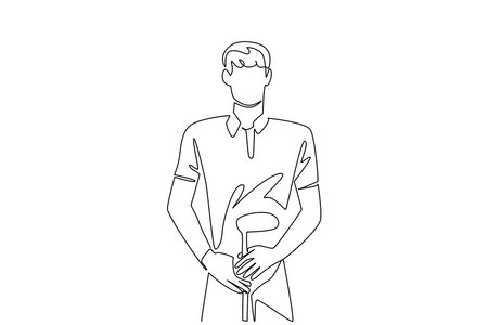 Single continuous line drawing a man wearing gloves holding a golf club. Determined to make a hole in one. Candidate for champion. Competition. National Golf Day. One line design vector illustrationのイラスト素材
