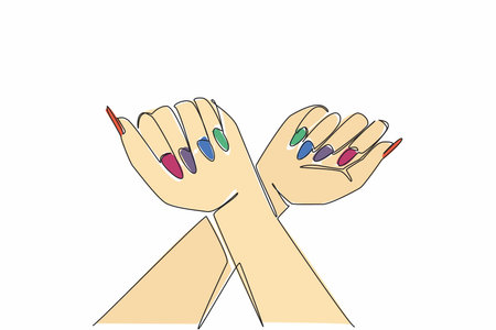 Single one line drawing a pair of crossed hands showing colorful nails. Pose for a digital advertisement. Showing the beauty of a nail. Beautiful. Nail Day. Continuous line design graphic illustrationのイラスト素材