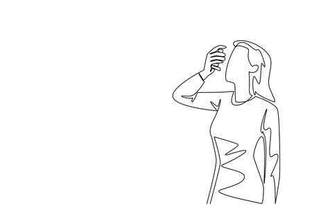 Single continuous line drawing a woman inhales asthma inhaler. Unfriendly weather triggers an asthma attack. First aid prevents permanent relapse. World Asthma Day. One line design vector illustrationのイラスト素材