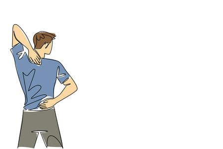 Single one line drawing a man holding her neck and back. Unbearable pain in the back of the neck. Pain. Discomfort. Sickness. Fibromyalgia Awareness Day. Continuous line design graphic illustrationのイラスト素材