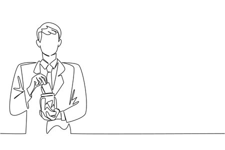 Continuous one line drawing a man in a suit and tie puts banknotes into a jar. Collected and then donated. Sharing. Donate a Wages of Day To Charity Day. Single line draw design vector illustrationのイラスト素材