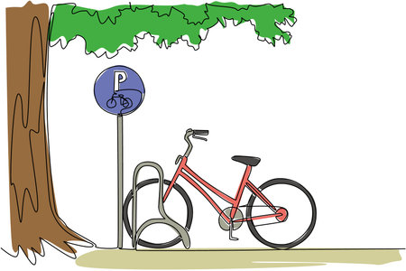 Single continuous line drawing mini bike parked in bike parking lot and big tree. Typical view during holidays. Cycling to the park. National Public Gardens Day. One line design vector illustrationのイラスト素材