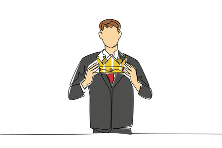 Single continuous line drawing a man in suit and tie holding a crown with both hands. The most worthy award to win. Best achievement. Success. Reward Yourself Day. One line design vector illustrationのイラスト素材