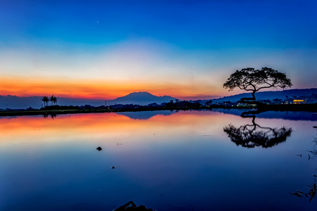 Beautiful Photograph of Morning Mountain View in Salatiga, Central Java, Indonesiaの写真素材