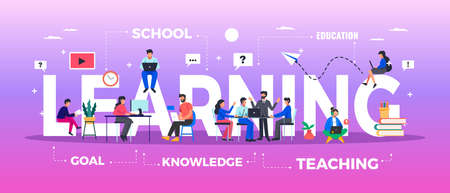 e-learning concept in flat style - online, digital learning, knowledge, school, teacherのイラスト素材