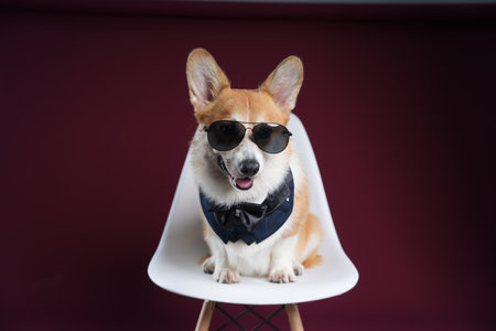 a Welsh corgi in sunglasses sits on a red backgroundの写真素材