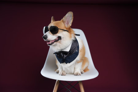 a Welsh corgi in sunglasses sits on a red backgroundの写真素材