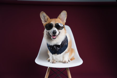 a Welsh corgi in sunglasses sits on a red backgroundの写真素材