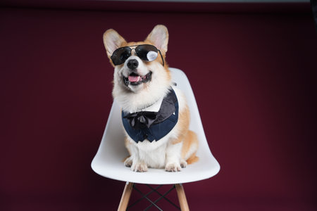 a Welsh corgi in sunglasses sits on a red backgroundの写真素材