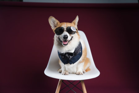 a Welsh corgi in sunglasses sits on a red backgroundの写真素材