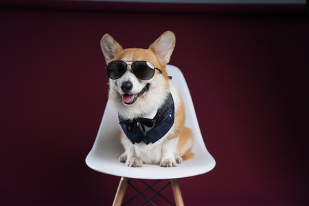 a Welsh corgi in sunglasses sits on a red backgroundの写真素材