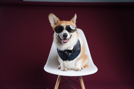 a Welsh corgi in sunglasses sits on a red backgroundの写真素材