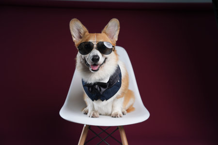 a Welsh corgi in sunglasses sits on a red backgroundの写真素材