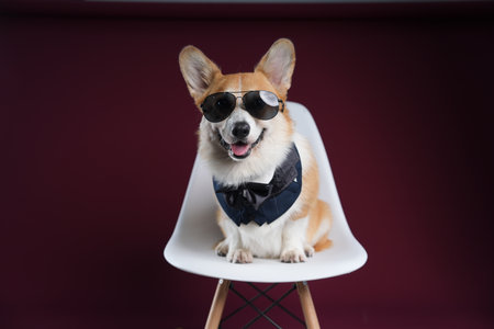 a Welsh corgi in sunglasses sits on a red backgroundの写真素材