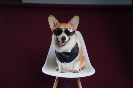 a Welsh corgi in sunglasses sits on a red backgroundの写真素材