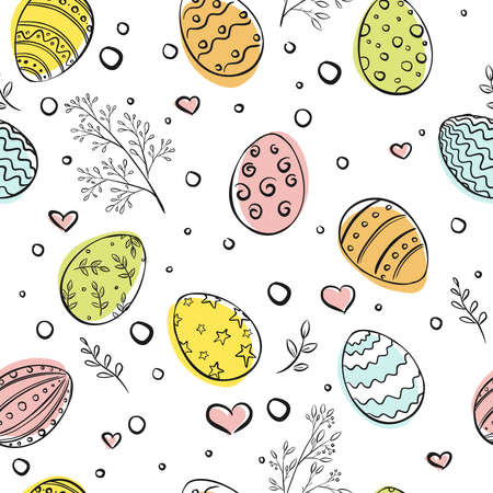 Easter eggs colorful seamless pattern. Happy Easter repeated ornament with floral decorative elements. Easter holiday background for printing, wallpaper or fabric. Doodle design.のイラスト素材