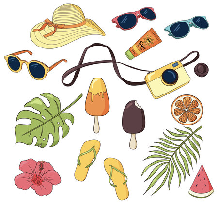 Vector set of summer vacation items. Tropical leaves, photo camera, ice cream, sunglasses, apparel...