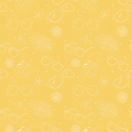 Seamless pattern of summer vibes items. Repeated ornament of sunglasses, tropical leaves and flowers. Vector yellow hand drawn illustration for wrapping paper, wallpaper, textile and fabricのイラスト素材