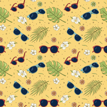 Seamless pattern of sunglasses, tropical leaves and flowers. Repeated ornament of summer vibes items. Vector yellow hand drawn illustration for wrapping paper, wallpaper, textile and fabricのイラスト素材