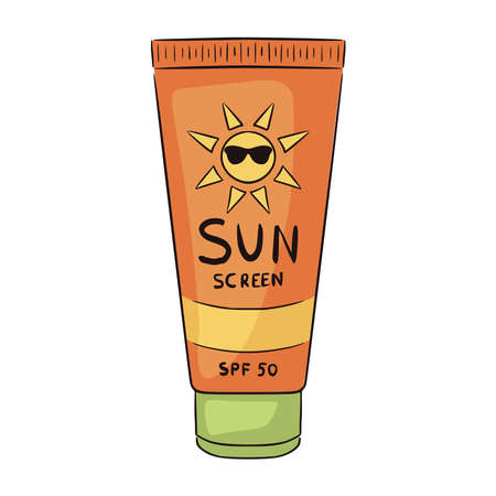 Sunscreen tube orange, yellow and green vector icon. Flat design cartoon style colorful tube of sunscreen. Sun protection factor SPF. Sun cream with uv protection. Vector illustration isolated on white backgroundのイラスト素材