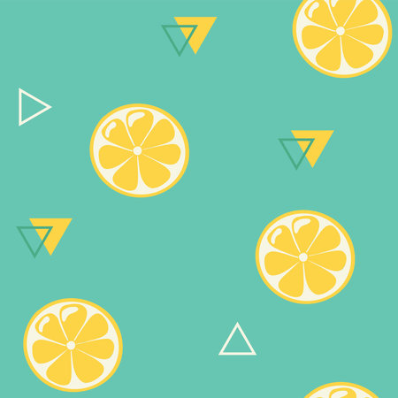 Lemon Slices Abstract Seamless Pattern. Yellow fresh fruit slices top view ornament with geometric...