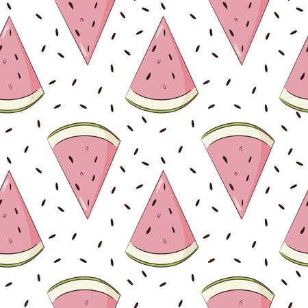 Hand Drawn Watermelon Slices Seamless Pattern. Summer watermelon background. Juicy fruit wedge...