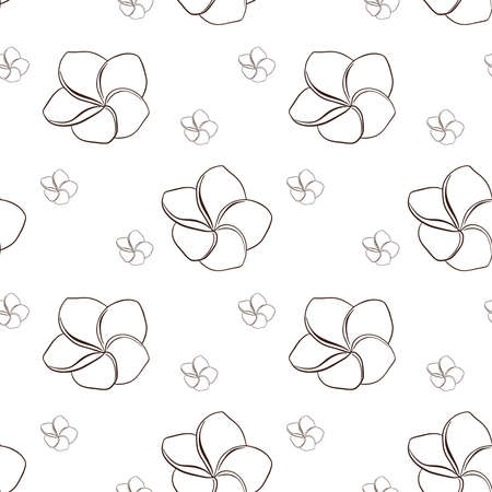 Hand Drawn Tropical Frangipani Flowers Seamless Pattern. Line art plumeria flower background for backdrop, wrapping paper, fabric, spa and beauty care products, textile, web, wallpaperのイラスト素材