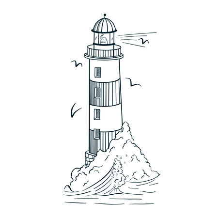 Line Art Lighthouse Engraving Style Vector Illustration. Hand drawn vintage beacon on island with waves and seagulls for tattoo, emblem, template, print, sticker, poster, t-shirt, textileのイラスト素材