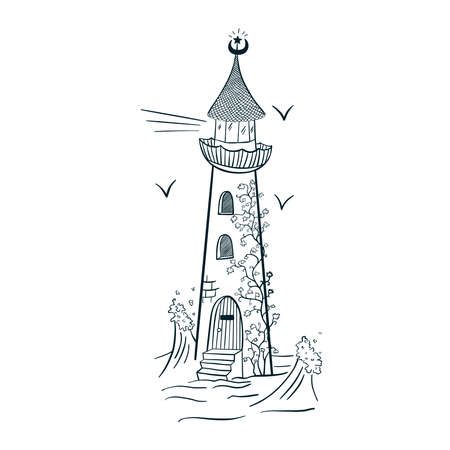 Lighthouse with Ivy Engraving Style Line Art. Hand drawn magic beacon isolated vector illustration for  tattoo, emblem, sticker, poster, t-shirt, template, print, textileのイラスト素材