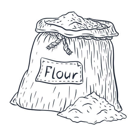 Hand-drawn full sack of flour engraved vector illustration for emblem, menu, recipe, prints, stickersのイラスト素材