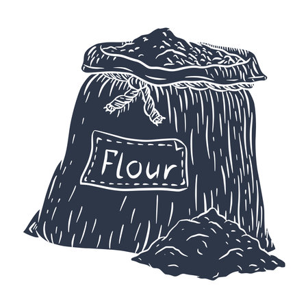 Silhouette of Flour Canvas Sack. Hand drew engraved silhouette of burlap bag with flour vector illustration for emblem, menu, recipe, food prints, stickersのイラスト素材