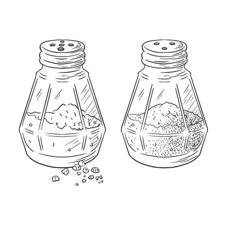 Salt and Pepper Shakers Engraved Illustration. Hand drawn glass jars cooking spices vector sketch in vintage style, recipe, menu, emblem, food prints, labels, stickersのイラスト素材