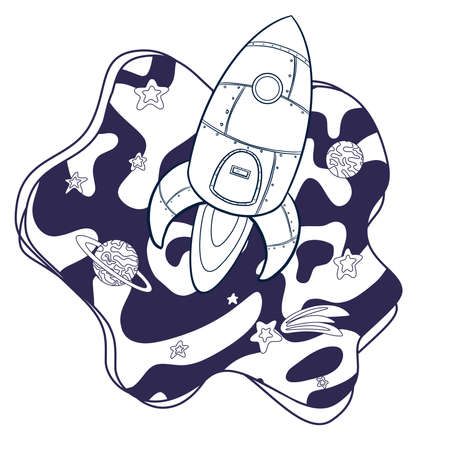 Cartoon Spaceship Illustration. Hand drawn rocket icon. Space ship launch sketch concept of business product, suitable for Web Landing Page, Banner, Flyer, Sticker, Card, nursery decoration, wallpaperのイラスト素材