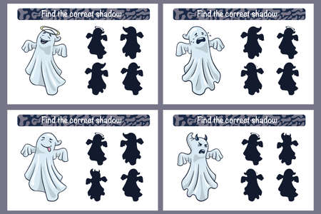 Find correct Ghosts shadow educational game for kids. Shadow matching activity for children with ghosts. Preschool puzzle. Educational worksheet. FInd the correct spooky silhouette game. Premium Vectorのイラスト素材