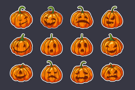 Halloween Stickers Set of Scary Pumpkins with Faces. Collection of pumpkin jack lantern illustrations for autumn holiday greeting cards, invitations, package design, decoration. Premium Vectorのイラスト素材