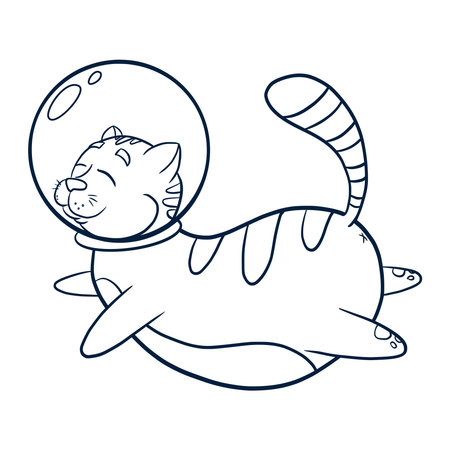 Line Art Cat Astronaut Illustration. Flying cosmic animal icon for kids graphic tees, prints, logo, coloring book and nursery decorのイラスト素材