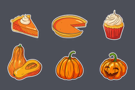 Thanksgiving Food Stickers Set. Fresh ripe pumpkins, pumpkin pies and cupcake. Collection of autumn holiday pumpkin dishes for stickers, prints, invitation, menu and greeting cards decoration. Premium Vectorのイラスト素材