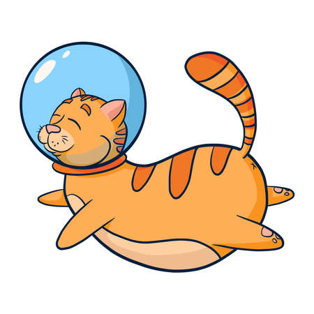 Cat Astronaut Cartoon Illustration. Hand Drawn cute flying cosmic animal element for kids graphic tees, prints, logo, emblem, coloring book and nursery decorのイラスト素材