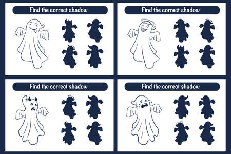Find correct Ghosts silhouette educational game for kids. Shadow matching activity for children. Cartoon style. Preschool puzzle. Educational worksheet. FInd the correct shadow game. Premium Vectorのイラスト素材