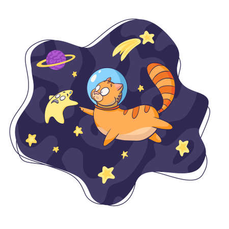 Cat Cosmonaut and Star in Space Cartoon Illustration.のイラスト素材