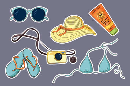 Hand Drawn Vacation Sticker Set. Sunglasses bikini, Flip Flops, photo camera, sunscreen tube, woman hat. Summer holiday collection for stickers, prints, label design. Premium Vectorのイラスト素材