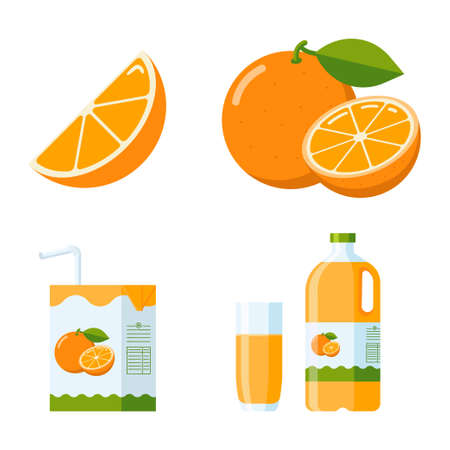 Fresh Orange Fruit and Juice Set. Flat Style collection orange slice and whole fruit, orange juice packages, carton, glass, Plastic bottle. Premium vectorのイラスト素材