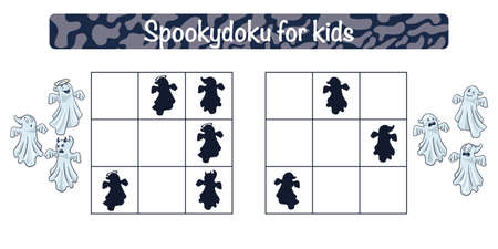 Spookydoku Educational Game for Kids. Sudoku with funny ghosts activity for children. School puzzle. Educational worksheet. Premium Vectorのイラスト素材