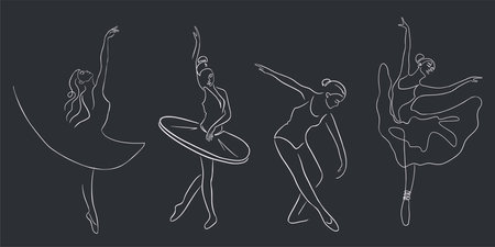 Ballet Dancers Set. Continuous Line Art. Collection of ballerinas in graceful postures, with pointe shoes and tutu. Premium Vectorのイラスト素材