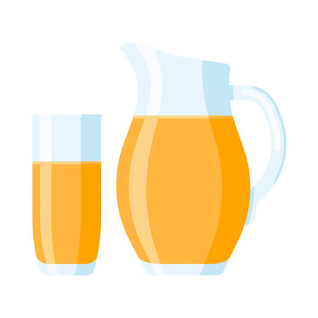 Glass and Jug of Orange Juice. Flat Style. Fresh fruit drink icon.のイラスト素材