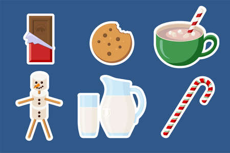 Christmas Snacks Stickers Set. Chocolate bar, Cookie, Cacao, Marshmallow, Glass of Milk and cristmas candy. Winter Holiday Icons Set for Greeting and Invitation Design and decoration. Premium Vectorのイラスト素材