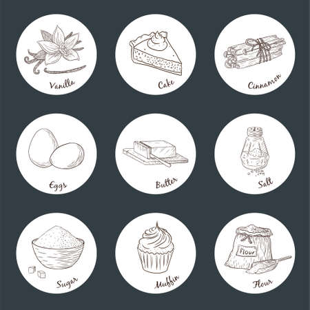 Baking Ingredients Engraved Illustration Stickers Set. Collection of hand drawn food sketches for recipe, print, menu design and decorationのイラスト素材