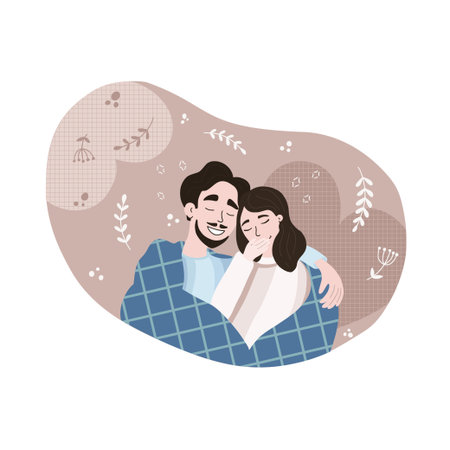 Couple Spending Time. Flat Style. Cozy romantic illustration of young couple in love.のイラスト素材