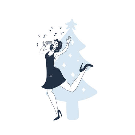 Girl Drinking Champane. New Year celebration. Flat Style. Vector illustration for invitetion and greeting card design, sticker, print, postcard, bannerのイラスト素材